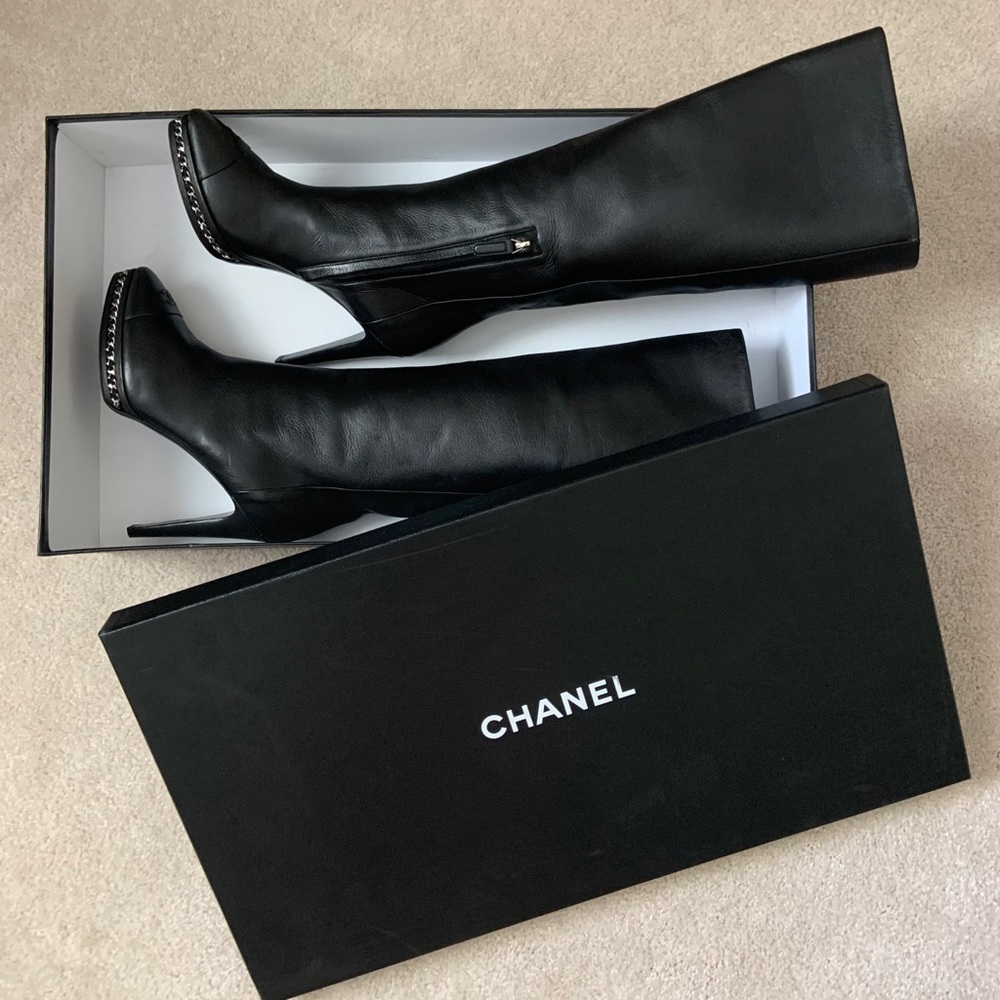 CHANEL Black Leather Chain Platform Tall Boots